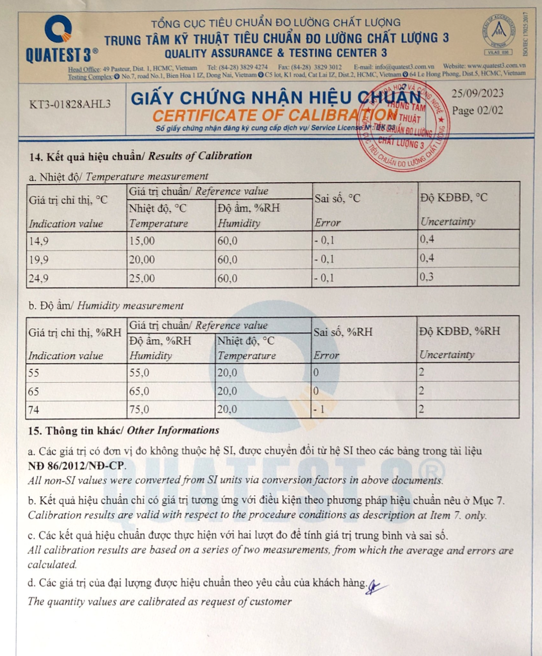 Kết quả hiệu chuẩn bộ ghi nhiệt độ độ ẩm không dây tại Quatest 3