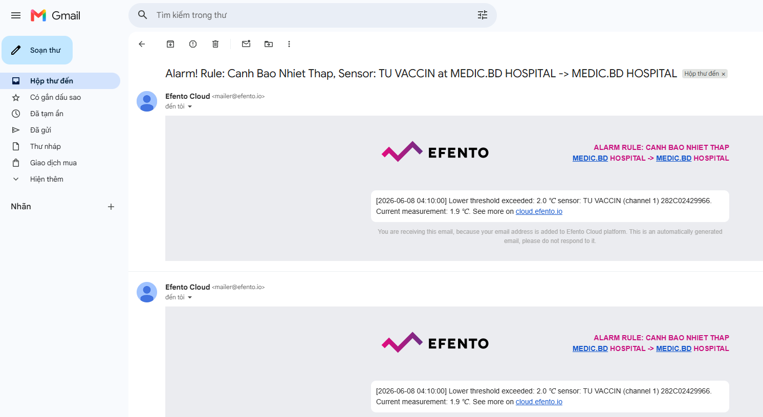 Email cảnh báo nhiệt độ của hệ thống Efento Cloud