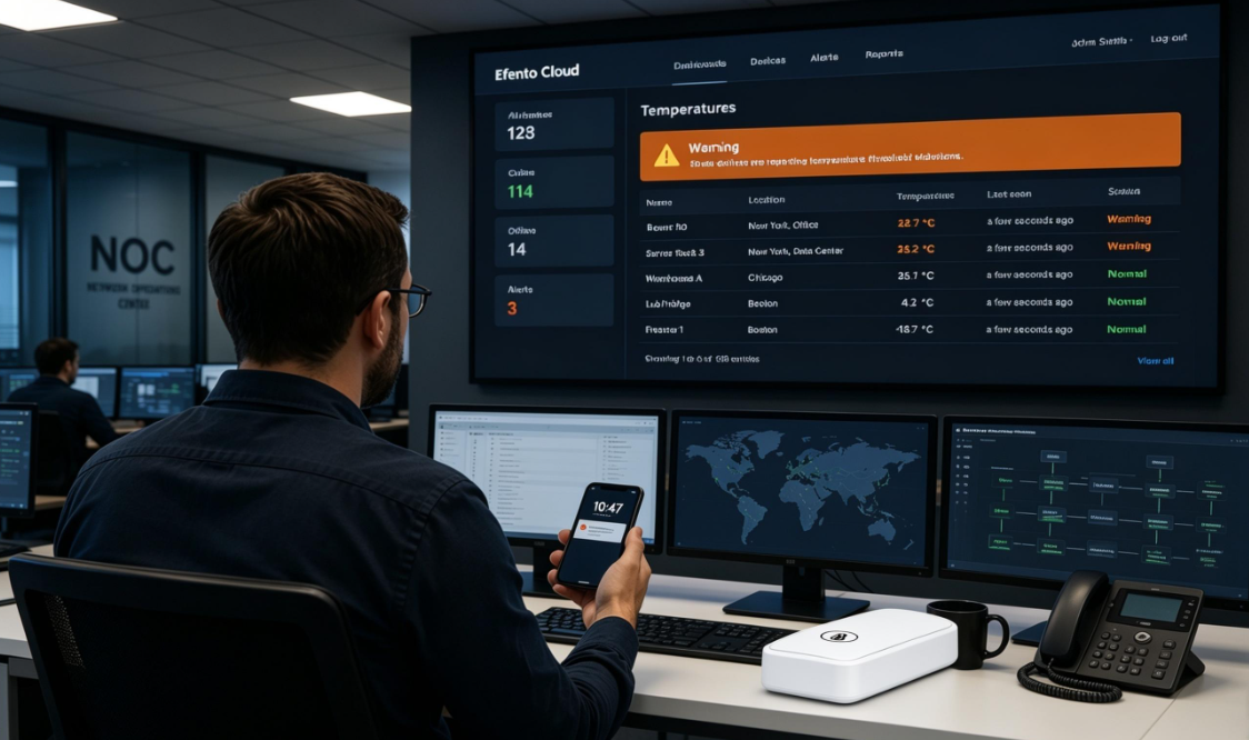 Nhân viên trực NOC nhận cảnh báo nhiệt độ từ hệ thống Efento Cloud