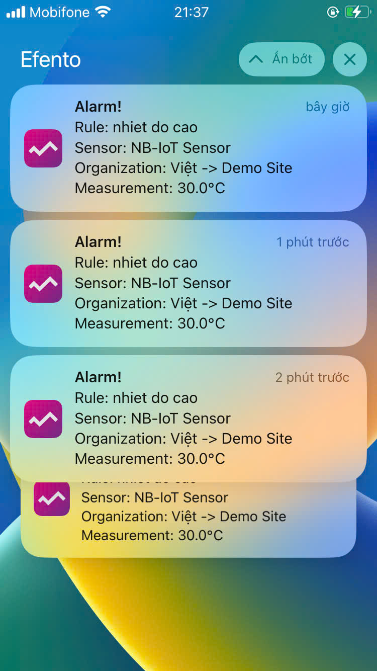 Thông báo nhiệt độ cao trên App Efento