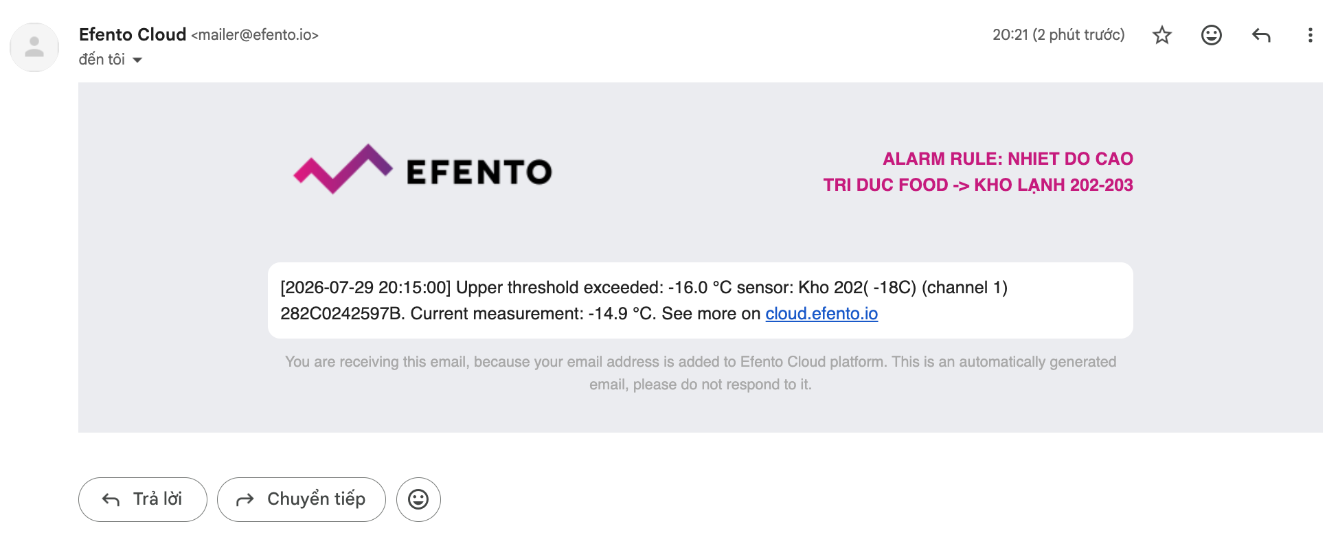 Cảnh báo nhiệt độ cont lạnh qua email