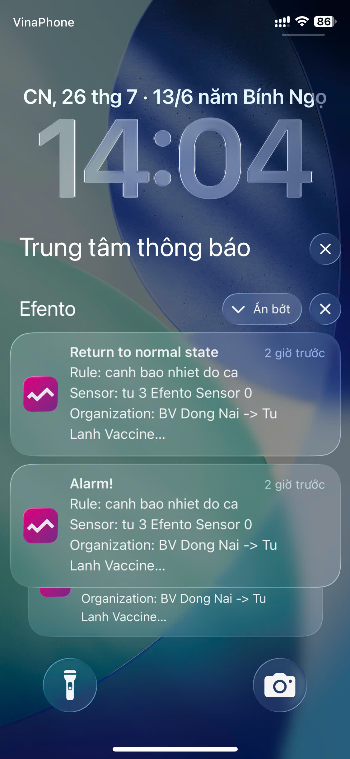 Thông báo trên app khi nhiệt độ trở về ngưỡng an toàn